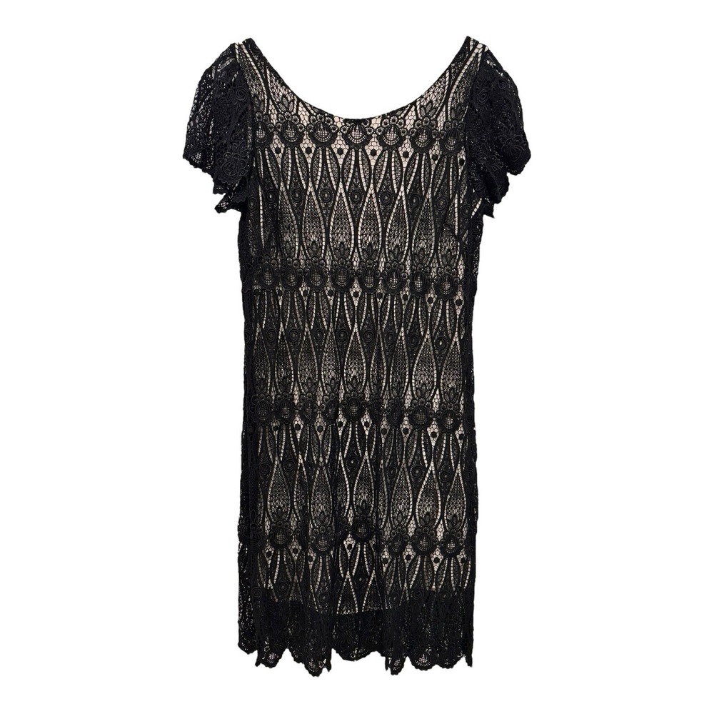 ECI New York Dress Women‎ 10 Black Lace Overlay Nude Lining Scoop Back Bow Party